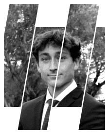 An animated signature portrait: the photograph is cut into five leaning bands that scatter and settle back into place.